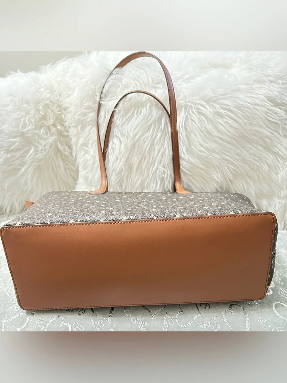 NWT Michael Kors Arden Brown Star-Print Logo Tote with Tan Trim